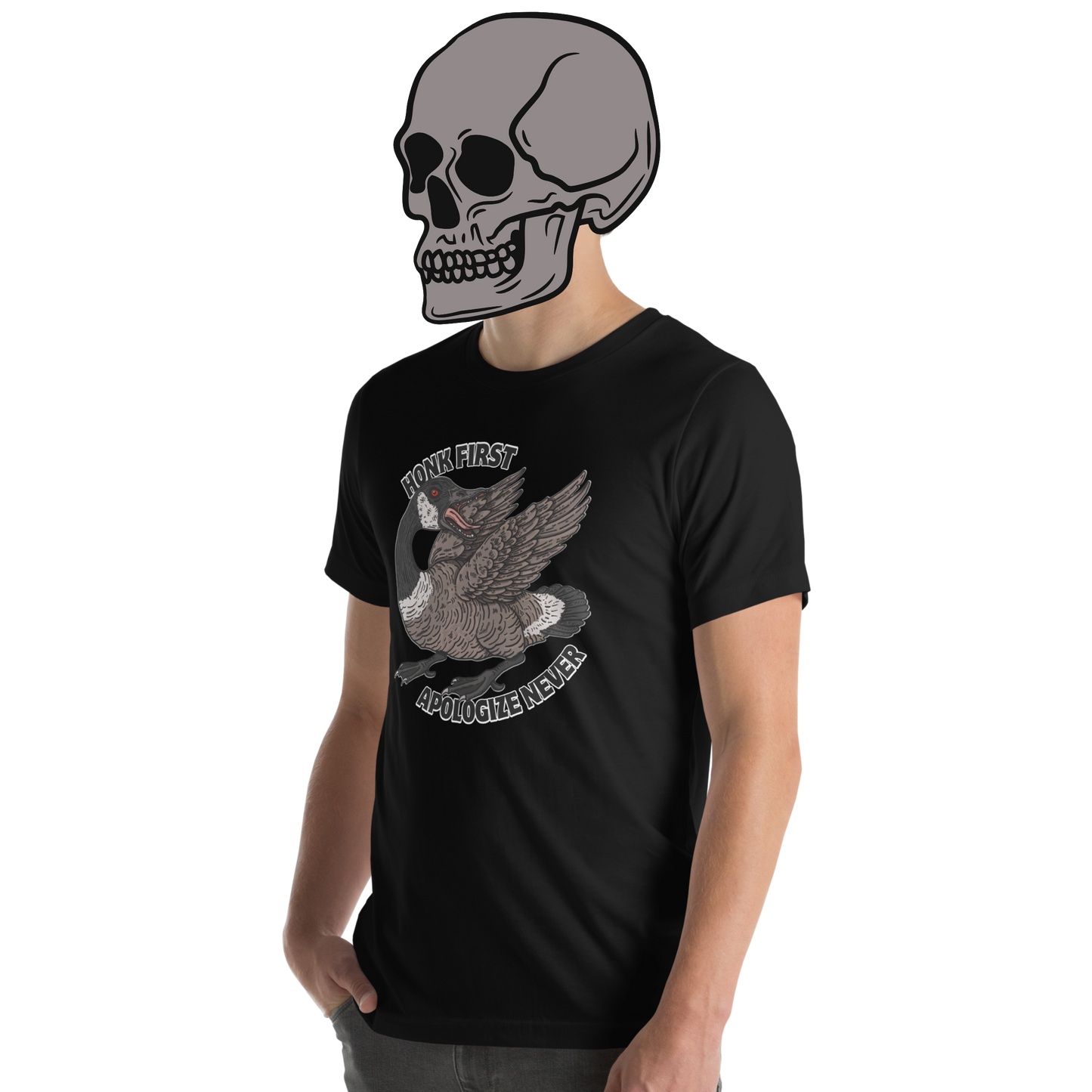 Black t-shirt with a fierce Canada goose graphic and ‘Honk First, Apologize Never’ text. Funny, sarcastic Canadian pride tee.