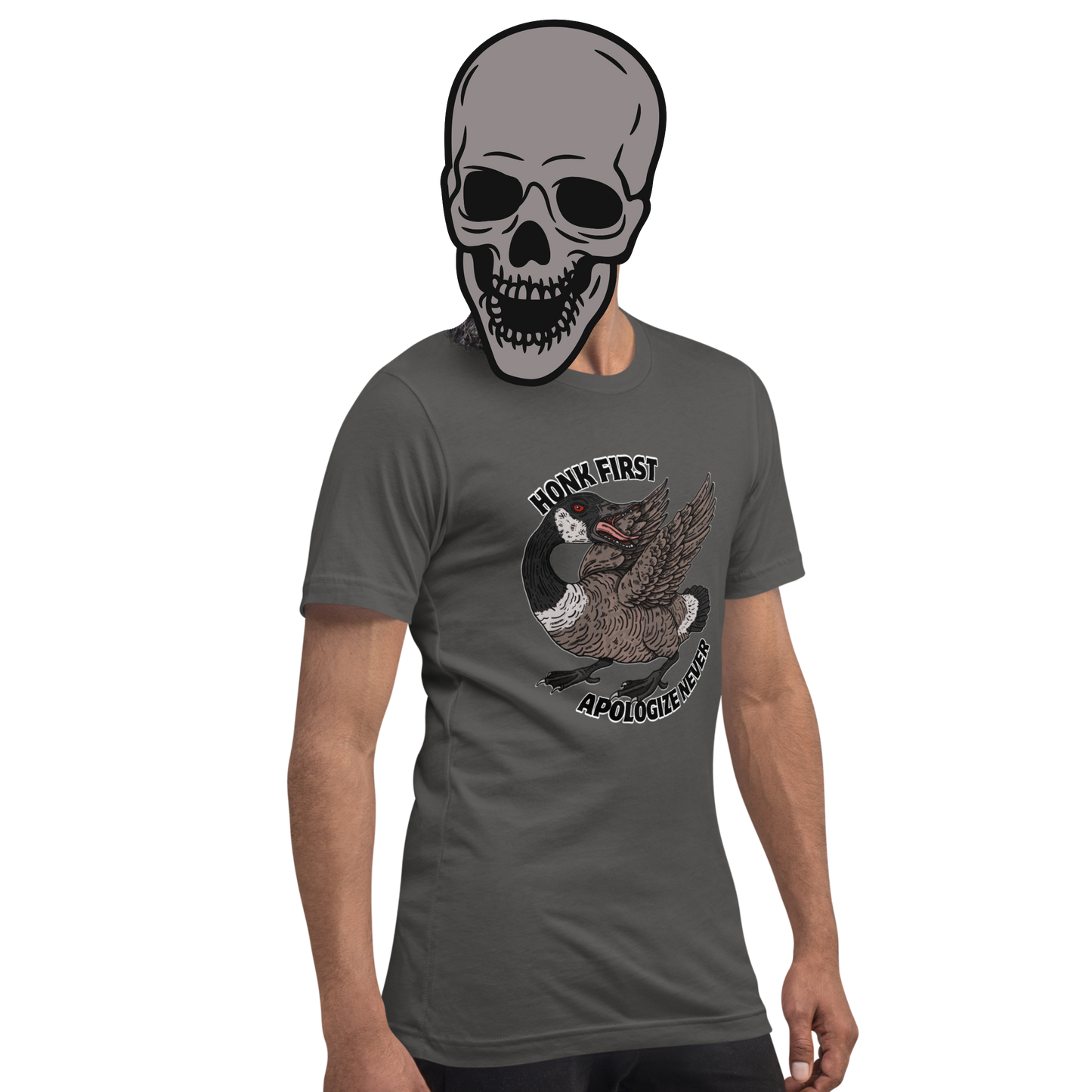 Grey t-shirt with a fierce Canada goose graphic and ‘Honk First, Apologize Never’ text. Funny, sarcastic Canadian pride tee.