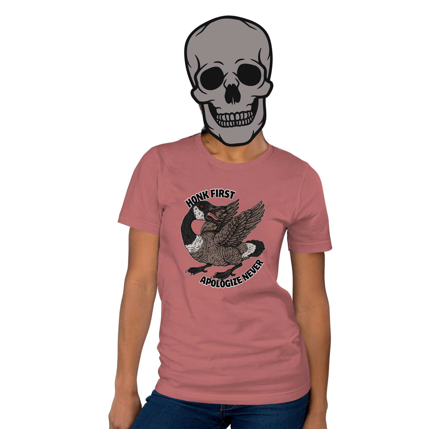 Mauve t-shirt with a fierce Canada goose graphic and ‘Honk First, Apologize Never’ text. Funny, sarcastic Canadian pride tee.