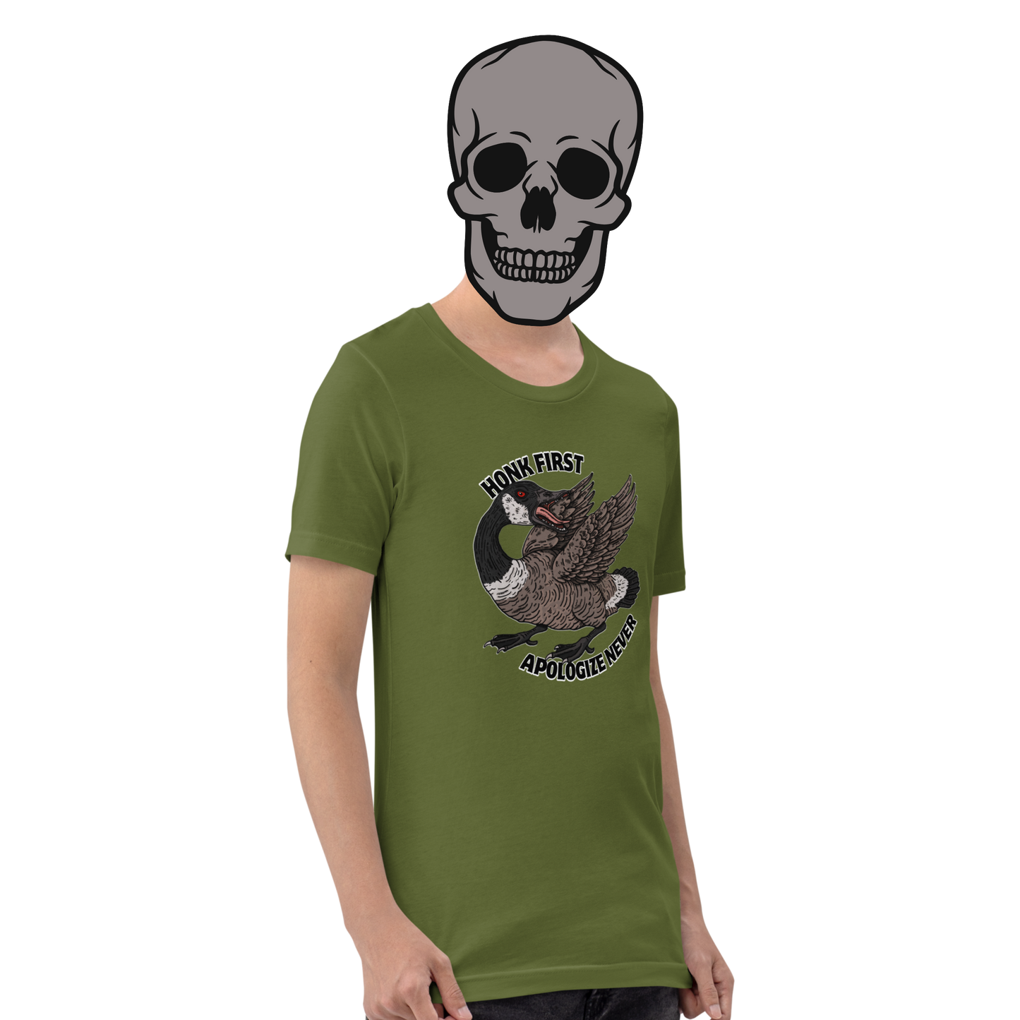 Olive green t-shirt with a fierce Canada goose graphic and ‘Honk First, Apologize Never’ text. Funny, sarcastic Canadian pride tee.
