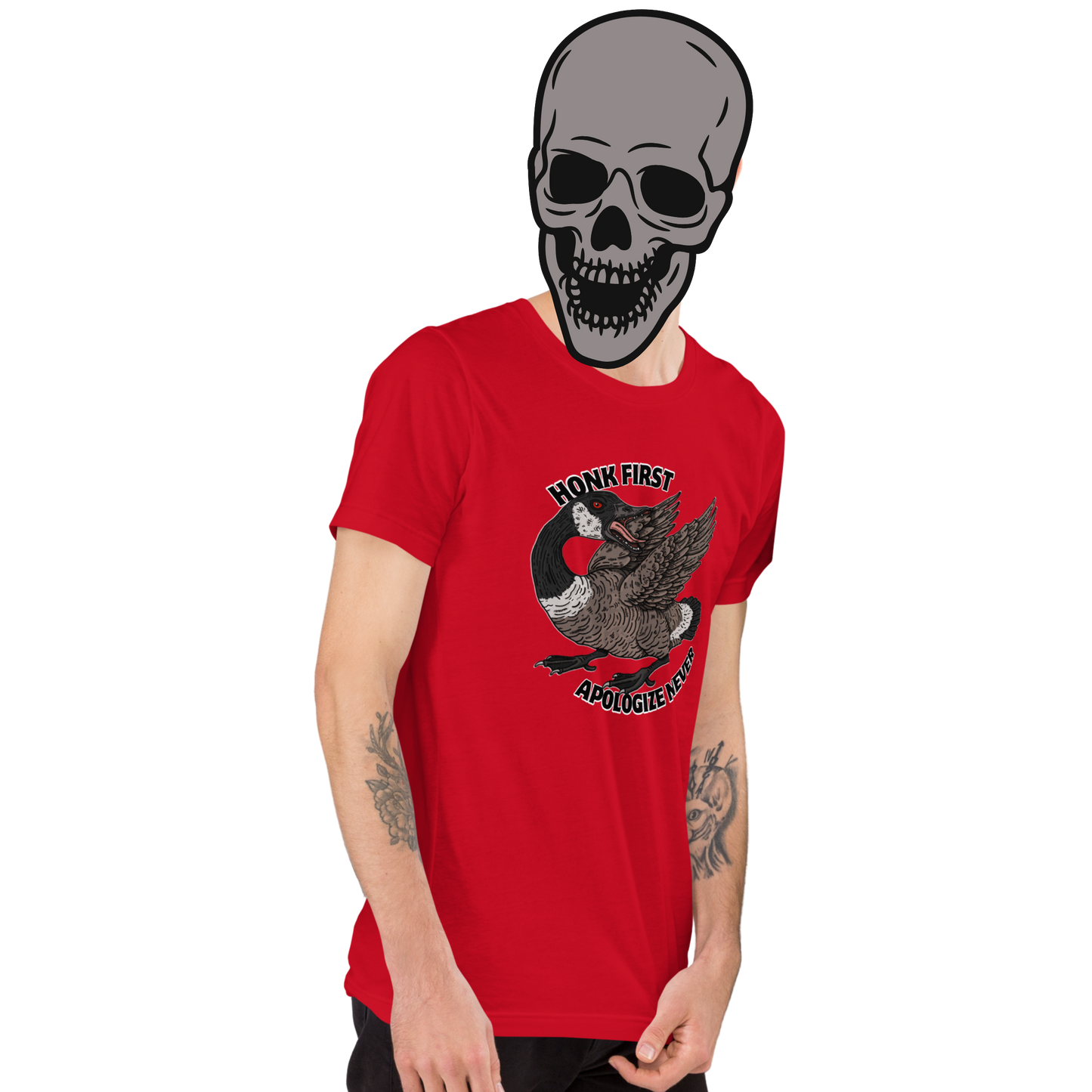 Red t-shirt with a fierce Canada goose graphic and ‘Honk First, Apologize Never’ text. Funny, sarcastic Canadian pride tee.