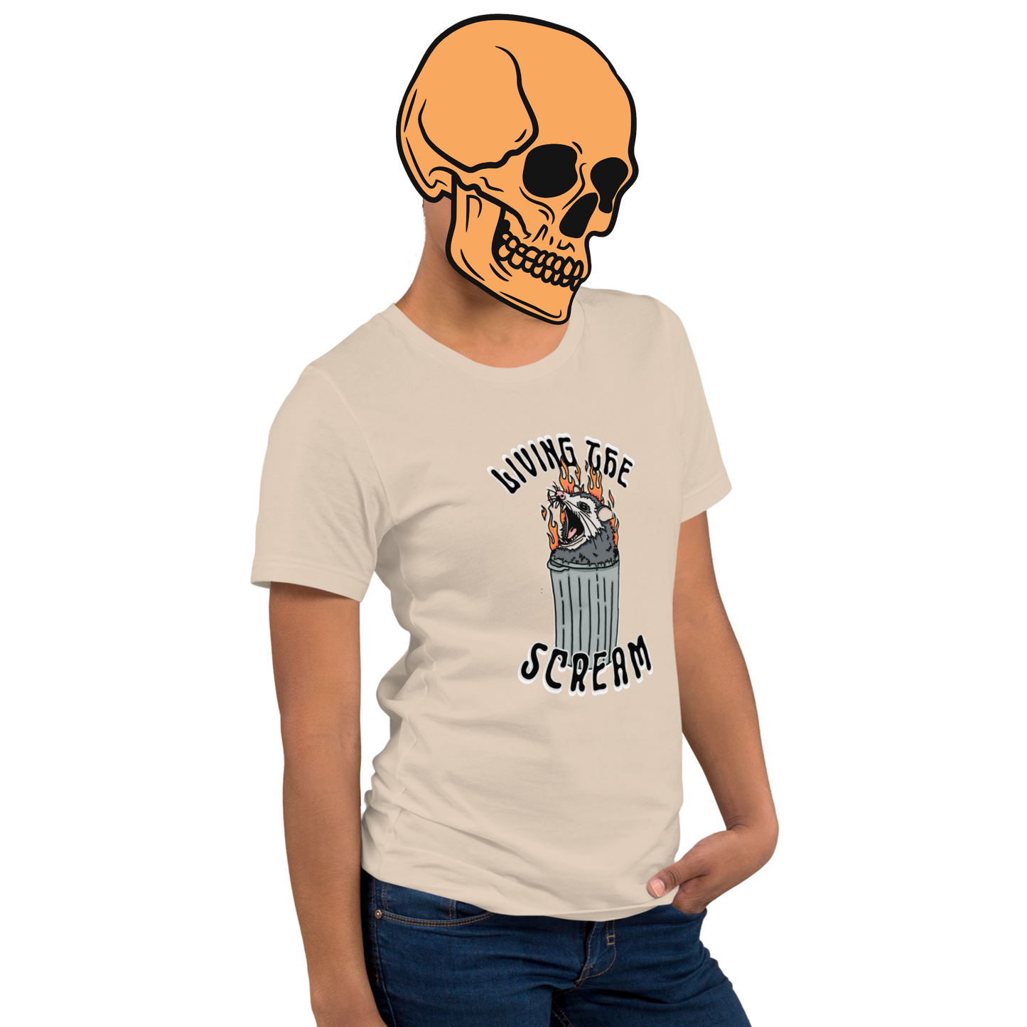 Cream t-shirt with a screaming possum in a flaming trash can. ‘Living the Scream’ text above. The perfect chaos-core existential crisis tee.