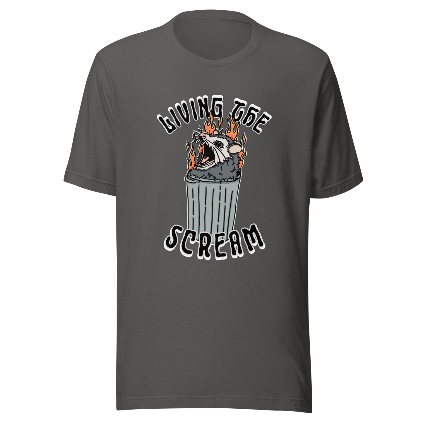 Grey t-shirt with a screaming possum in a flaming trash can. ‘Living the Scream’ text above. The perfect chaos-core existential crisis tee.
