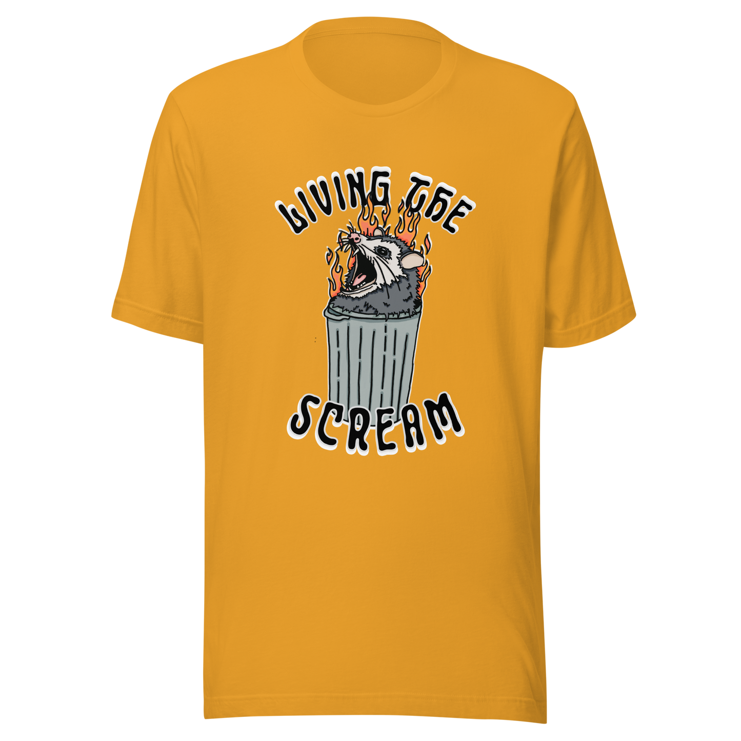 Mustard yellow t-shirt with a screaming possum in a flaming trash can. ‘Living the Scream’ text above. The perfect chaos-core existential crisis tee.