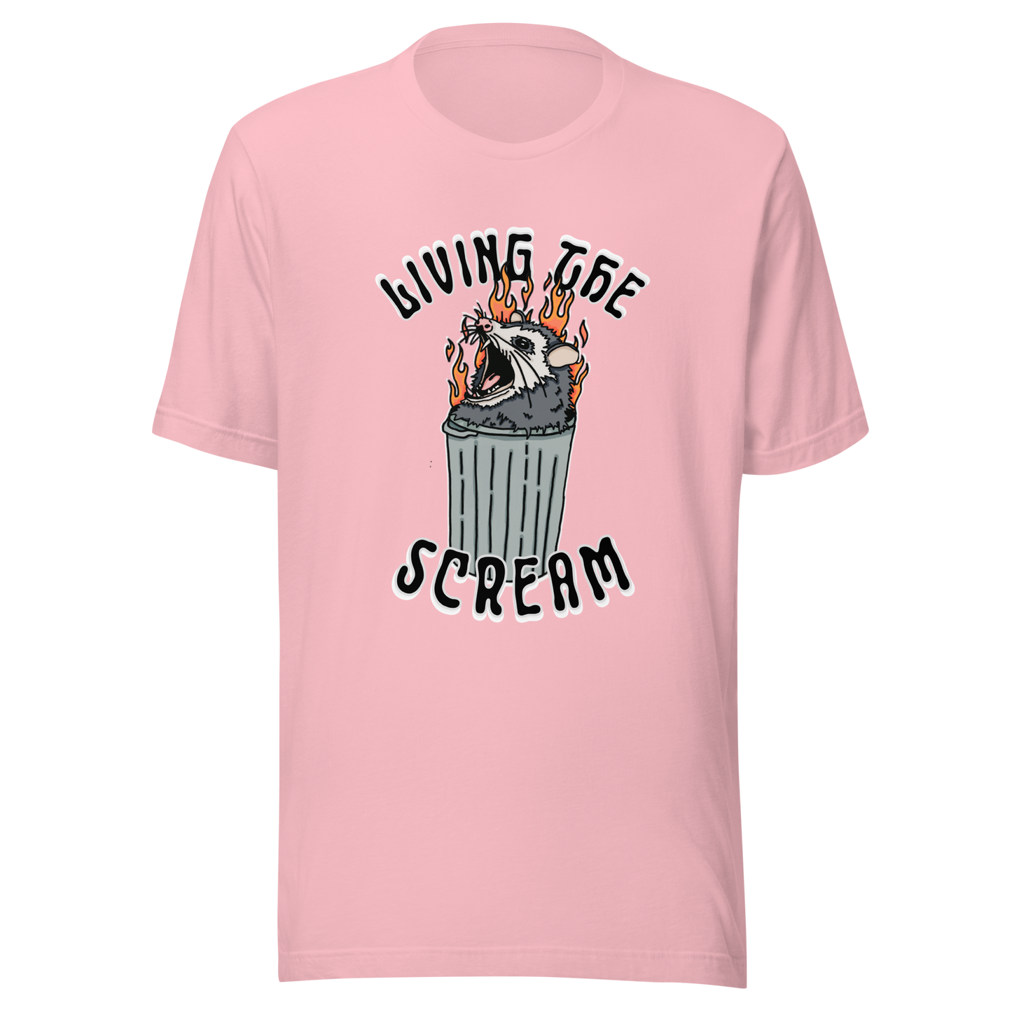 Pink t-shirt with a screaming possum in a flaming trash can. ‘Living the Scream’ text above. The perfect chaos-core existential crisis tee.