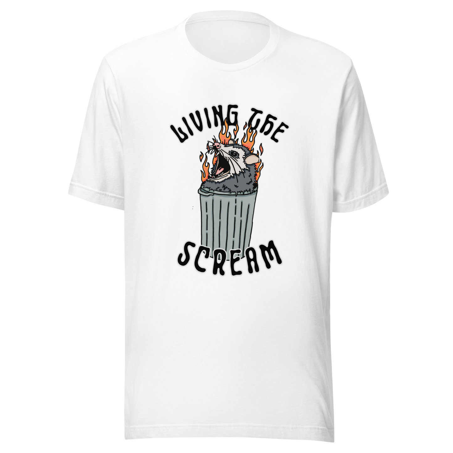 White t-shirt with a screaming possum in a flaming trash can. ‘Living the Scream’ text above. The perfect chaos-core existential crisis tee.