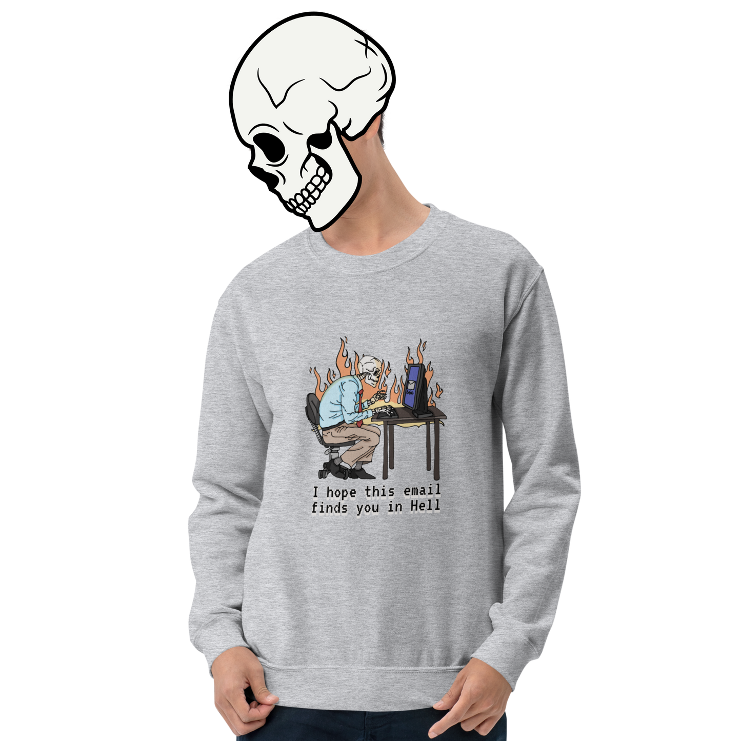 i hope this emails finds you in hell sweatshirt model in light grey - gaslit apparel