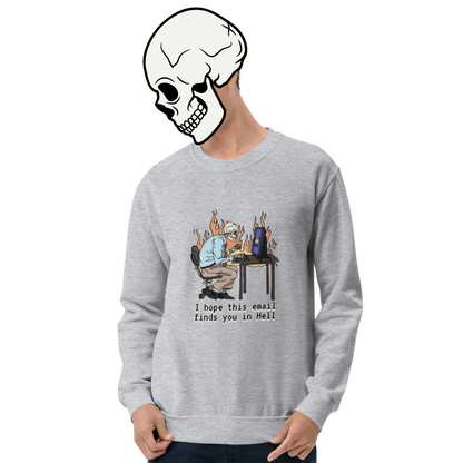 i hope this emails finds you in hell sweatshirt model in light grey - gaslit apparel