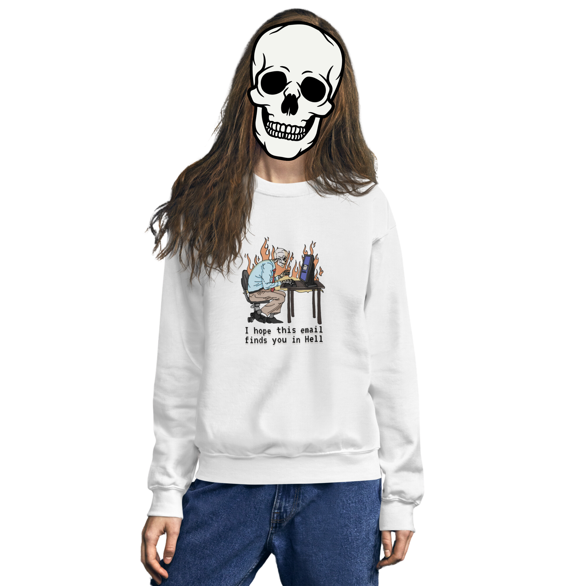 i hope this emails finds you in hell sweatshirt model in white - gaslit apparel