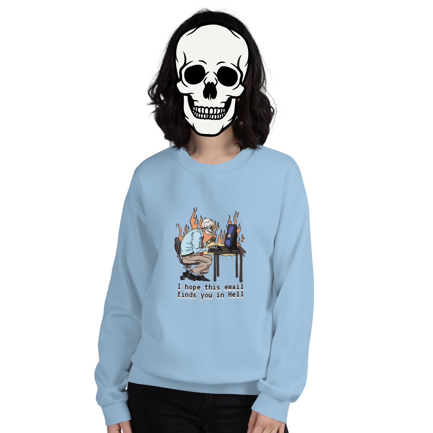 i hope this emails finds you in hell sweatshirt model in light blue - gaslit apparel