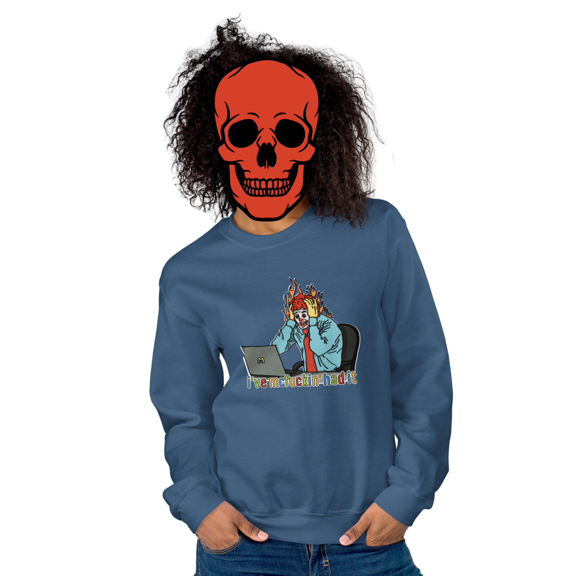 mcfuckin' had it sweatshirt model in indigo - gaslit apparel