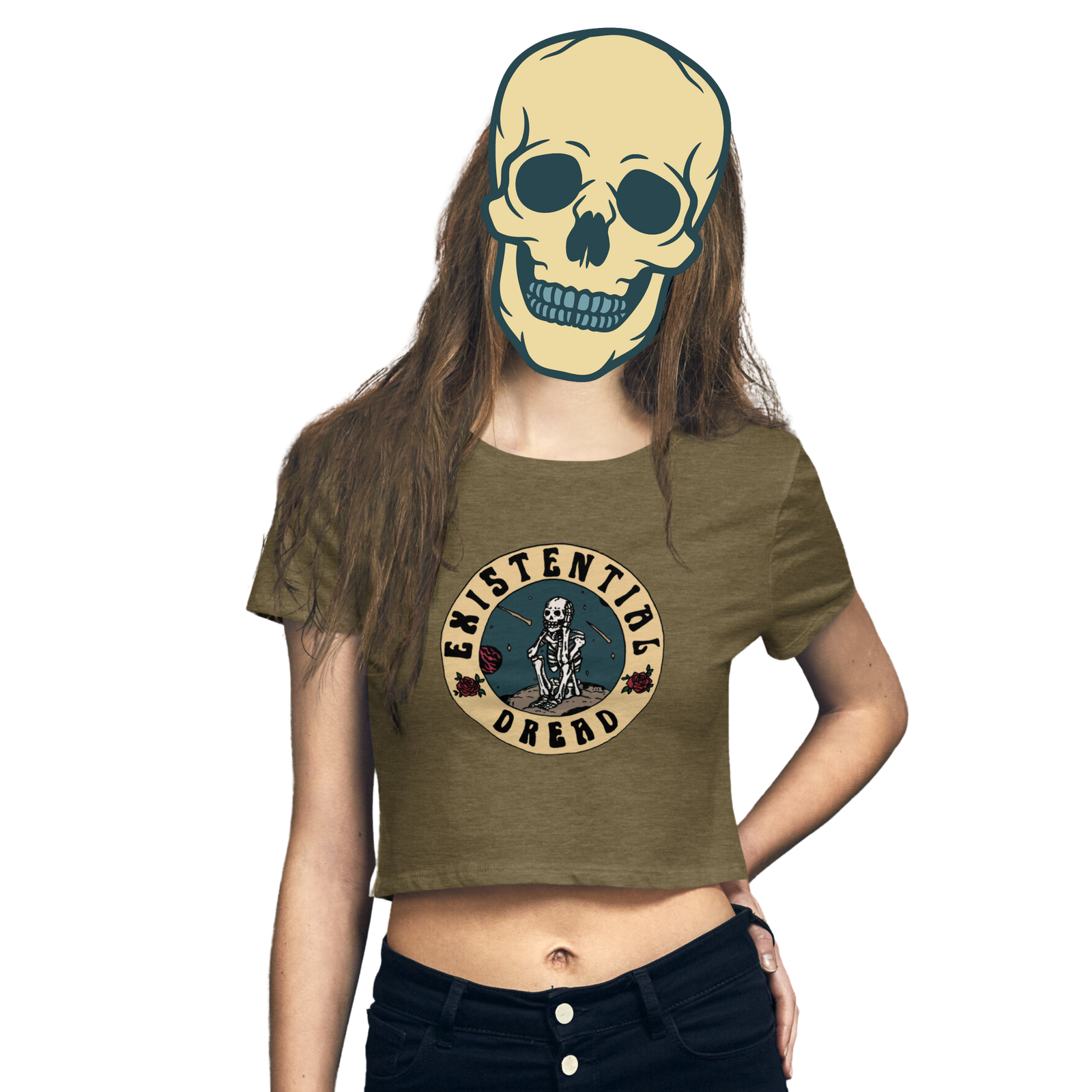 existential dread cropped t-shirt model in olive - gaslit apparel