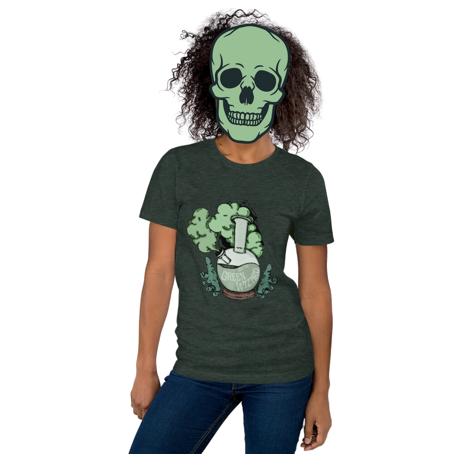 ask the green wizard t-shirt model in forest - gaslit apparel