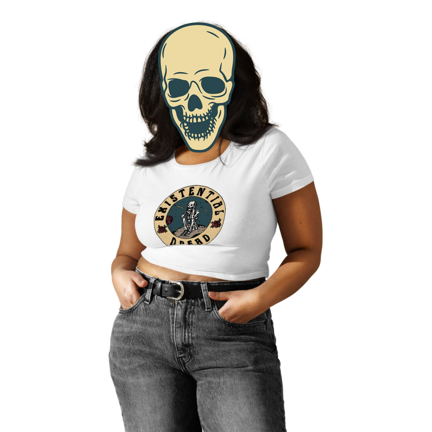 existential dread cropped t-shirt model in white - gaslit apparel