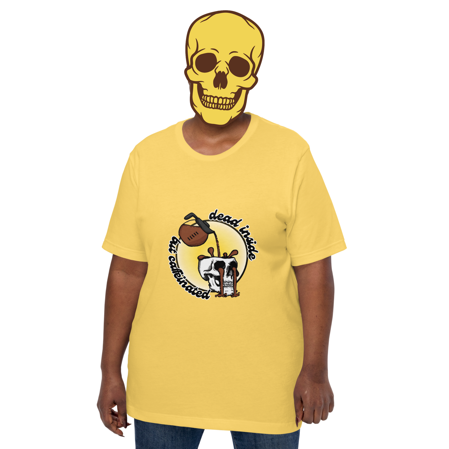 dead inside but caffeinated t-shirt model in yellow - gaslit apparel