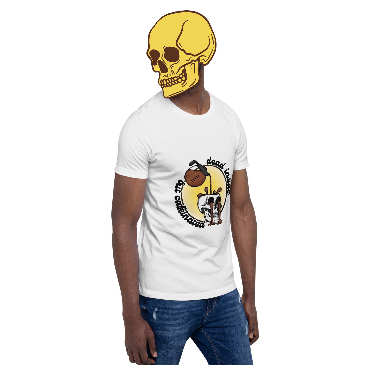 dead inside but caffeinated t-shirt model in white - gaslit apparel
