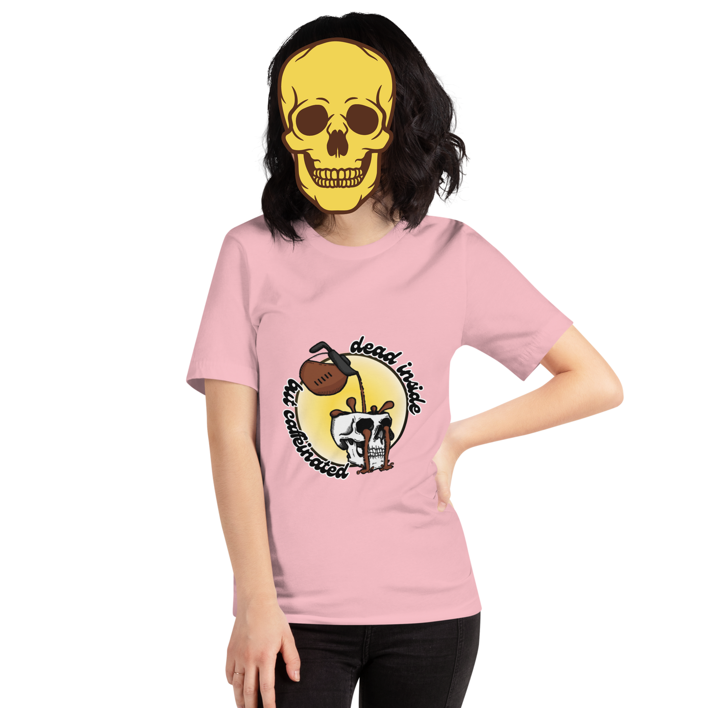 dead inside but caffeinated t-shirt model in pink - gaslit apparel