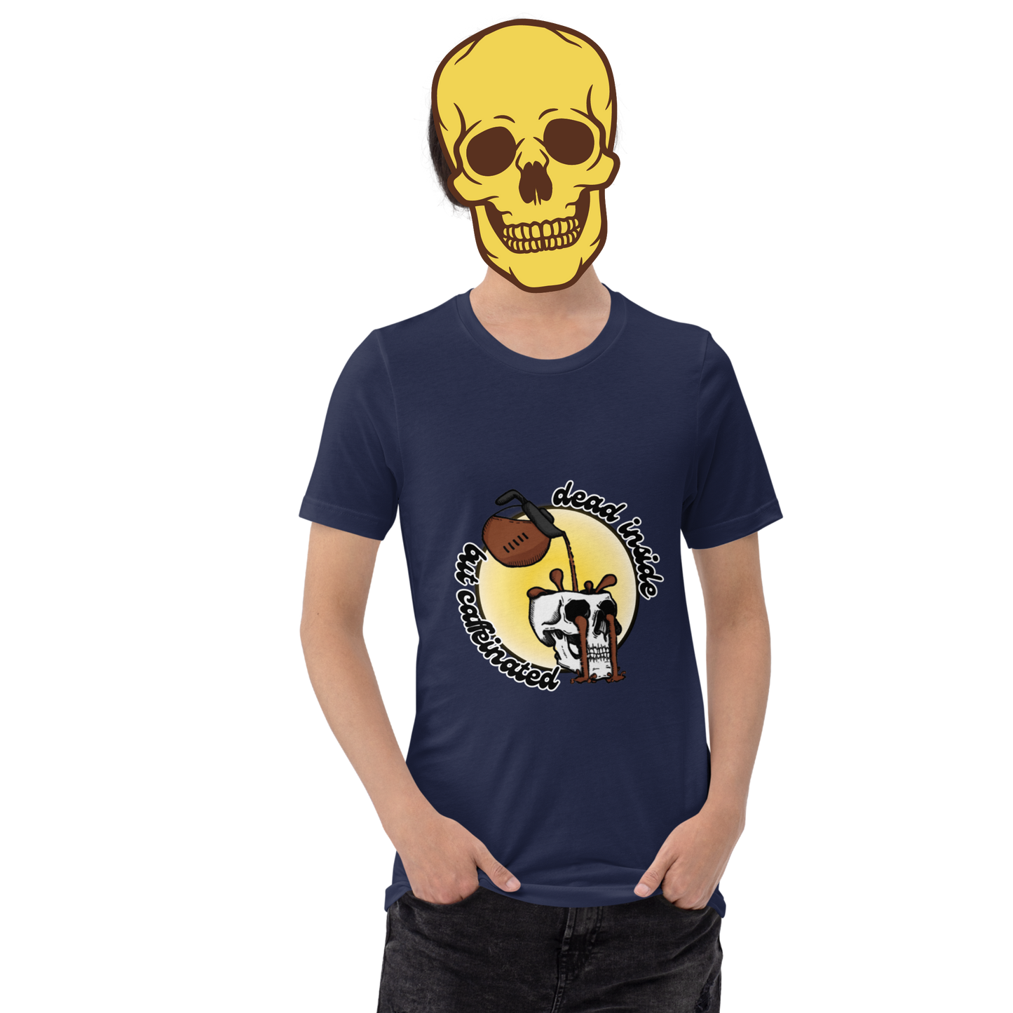 dead inside but caffeinated t-shirt model in navy - gaslit apparel