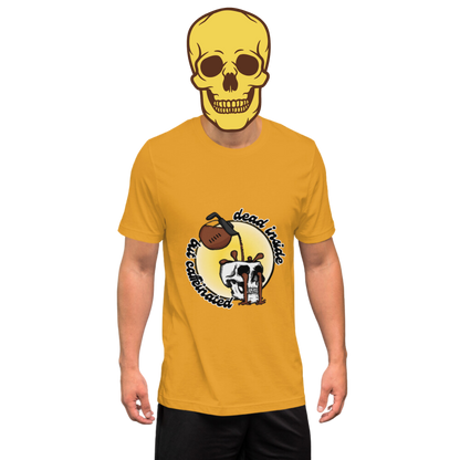 dead inside but caffeinated t-shirt model in mustard - gaslit apparel