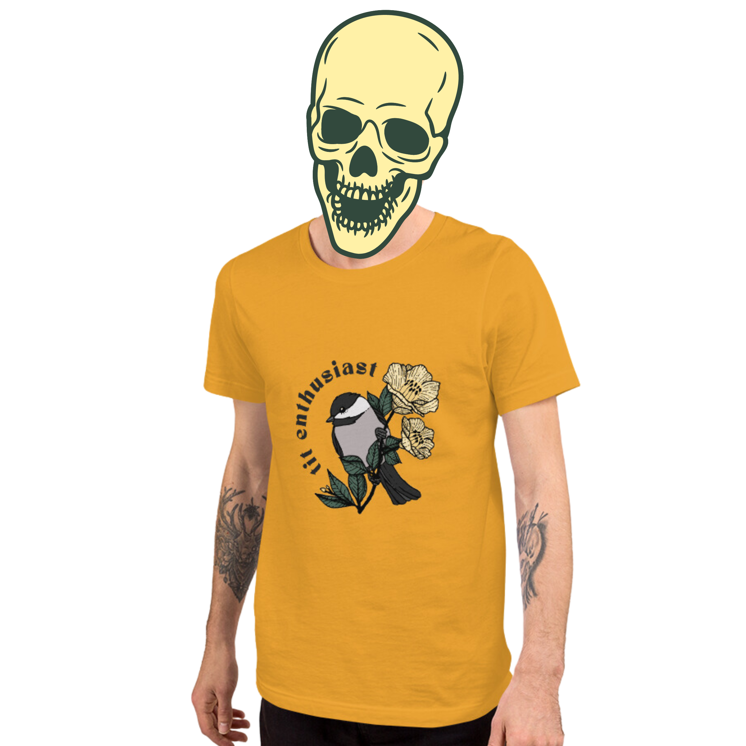 tit enthusiast t-shirt model in mustard - gaslit apparel