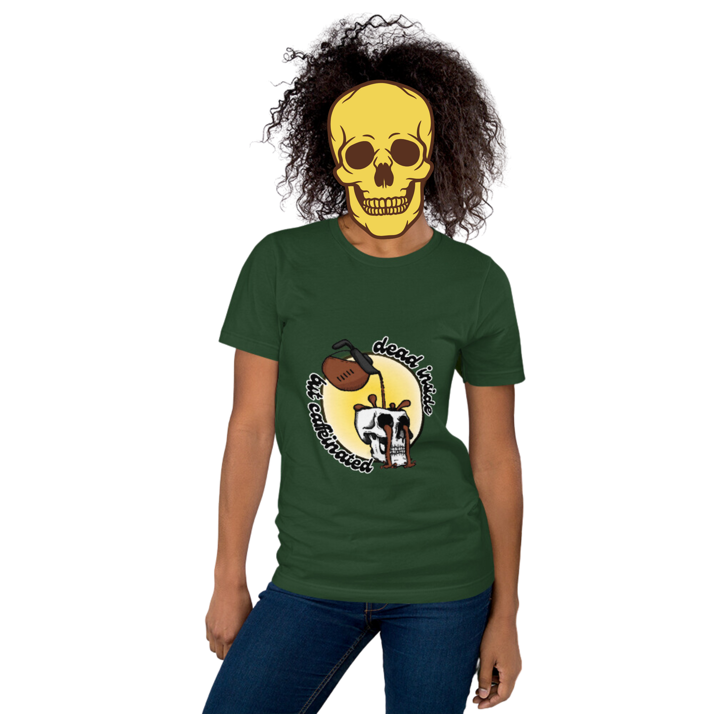 dead inside but caffeinated t-shirt model in forest - gaslit apparel