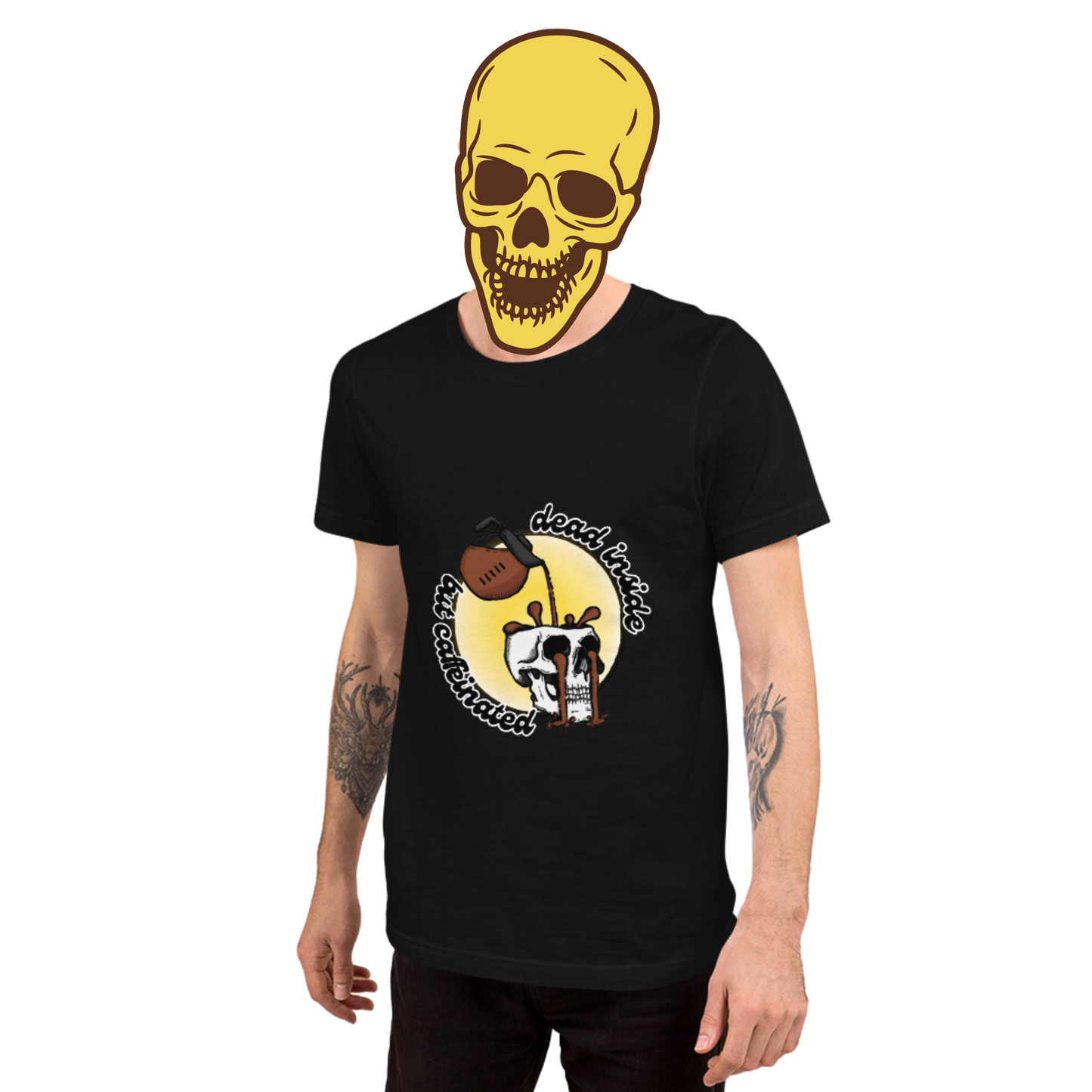 dead inside but caffeinated t-shirt model in black - gaslit apparel