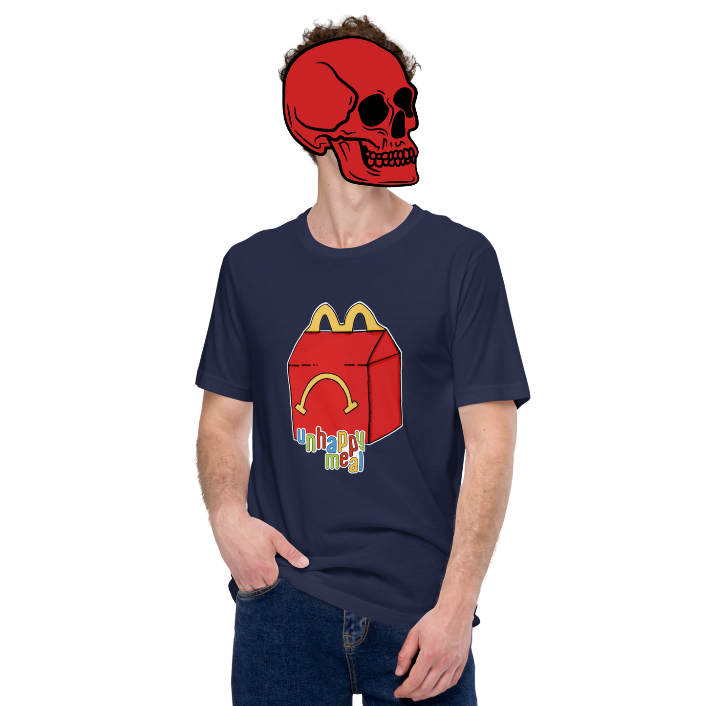 unhappy meal t-shirt model in navy - gaslit apparel