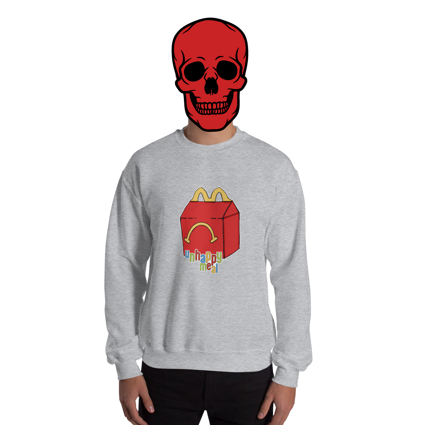 unhappy meal sweatshirt model in light grey - gaslit apparel