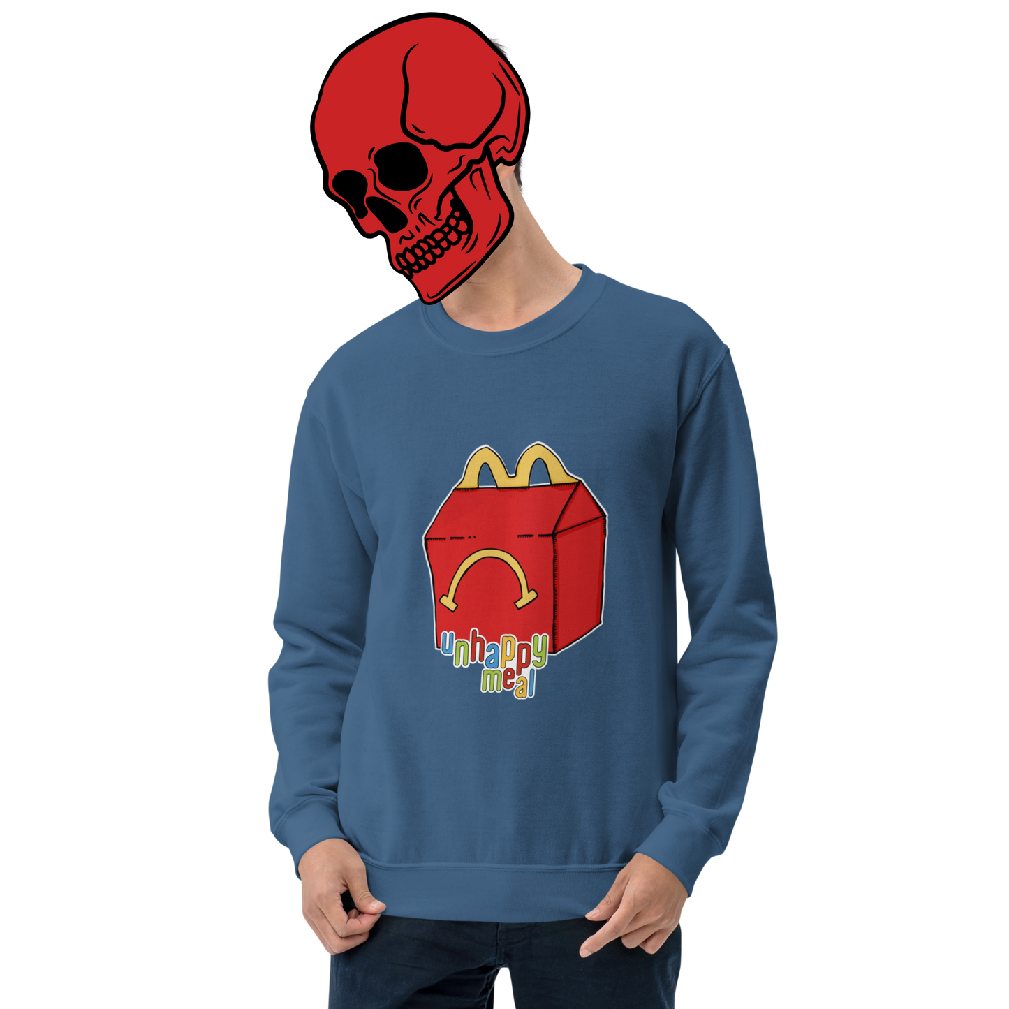unhappy meal sweatshirt model in indigo - gaslit apparel