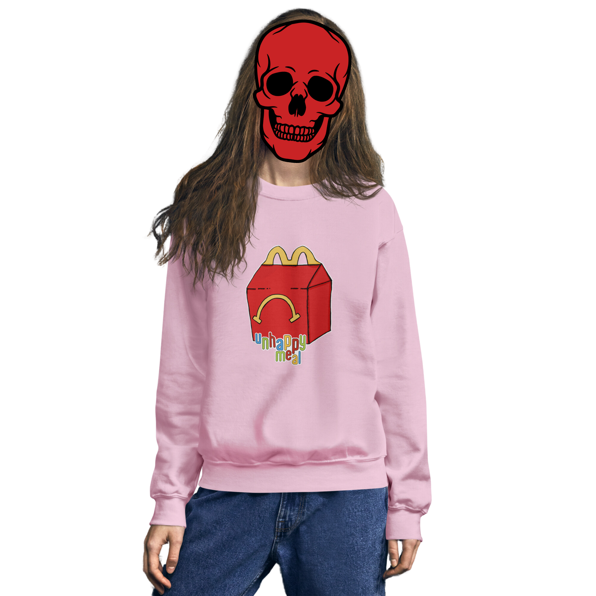 unhappy meal sweatshirt model in pink - gaslit apparel