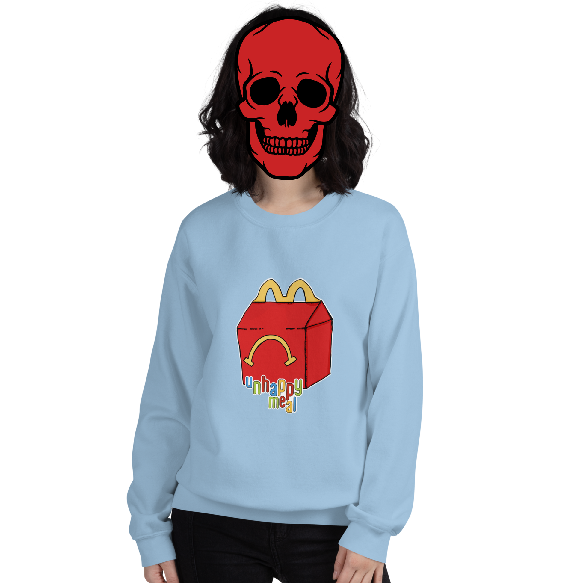 unhappy meal sweatshirt model in light blue - gaslit apparel