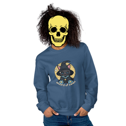 wizard of awws sweatshirt model in indigo - gaslit apparel
