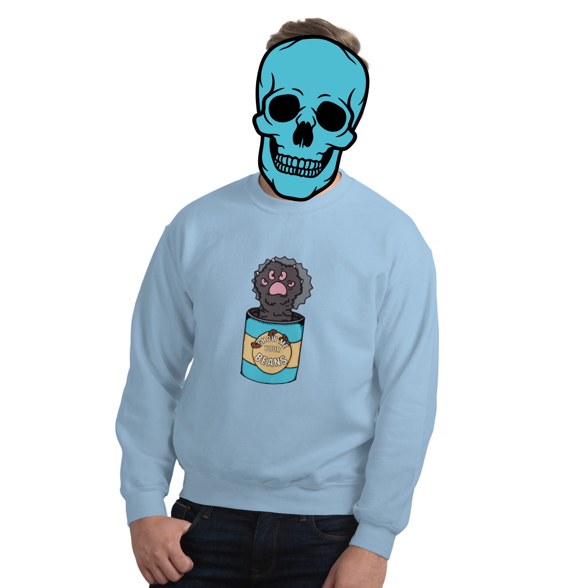 show me your beans sweatshirt model in light blue - gaslit apparel