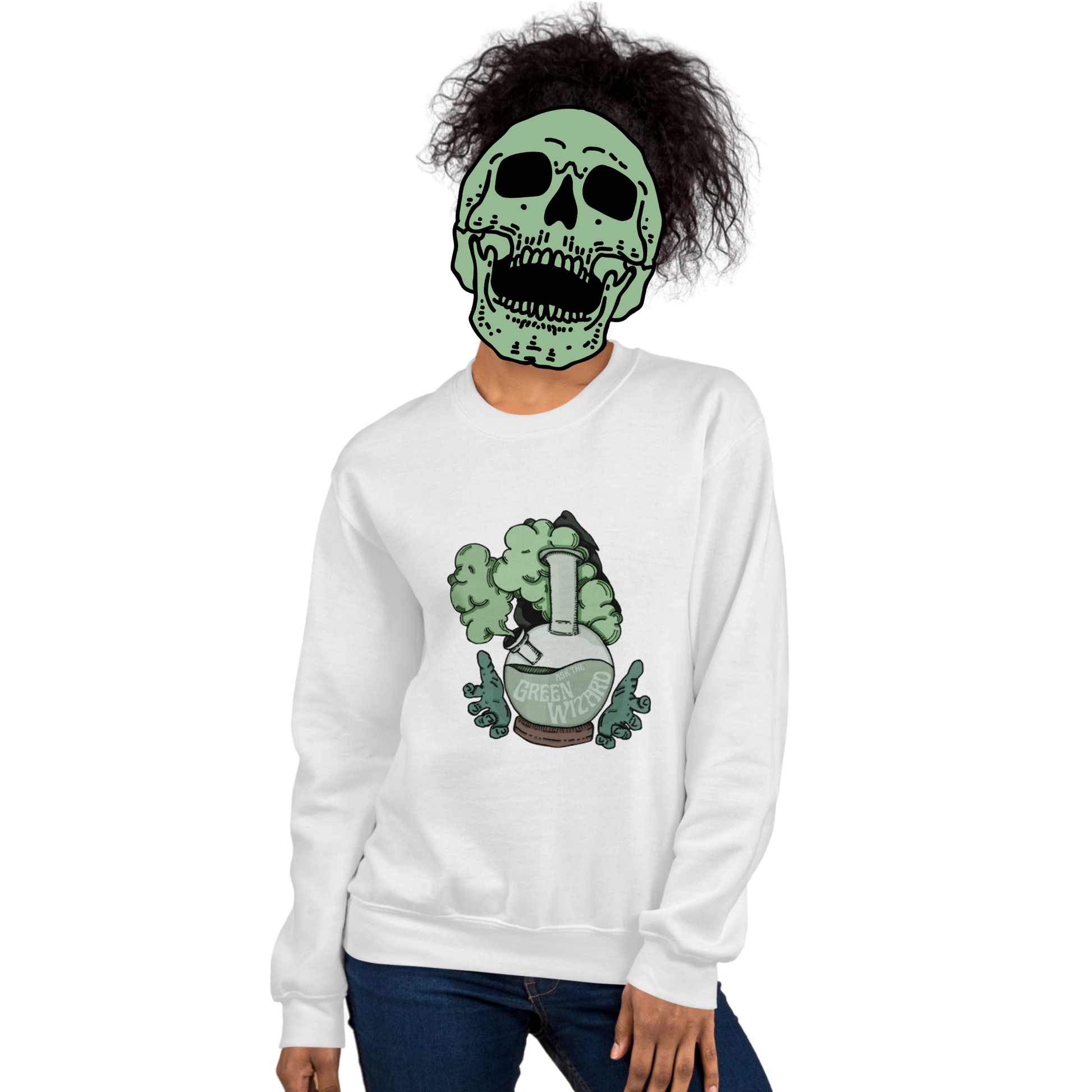 ask the green wizard sweatshirt model in white - gaslit apparel