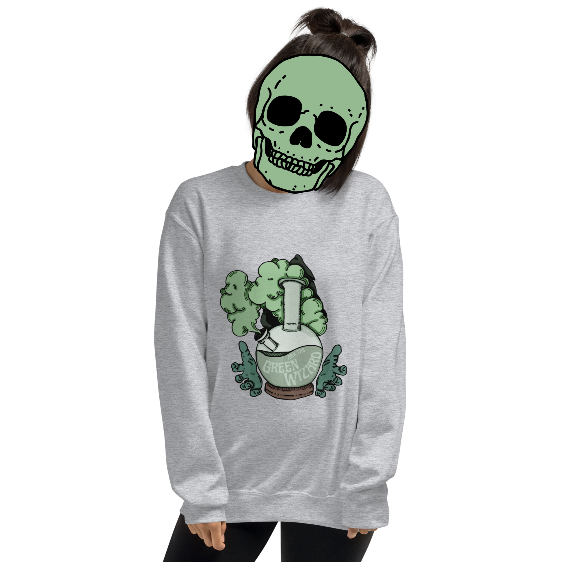 ask the green wizard sweatshirt model in light grey - gaslit apparel