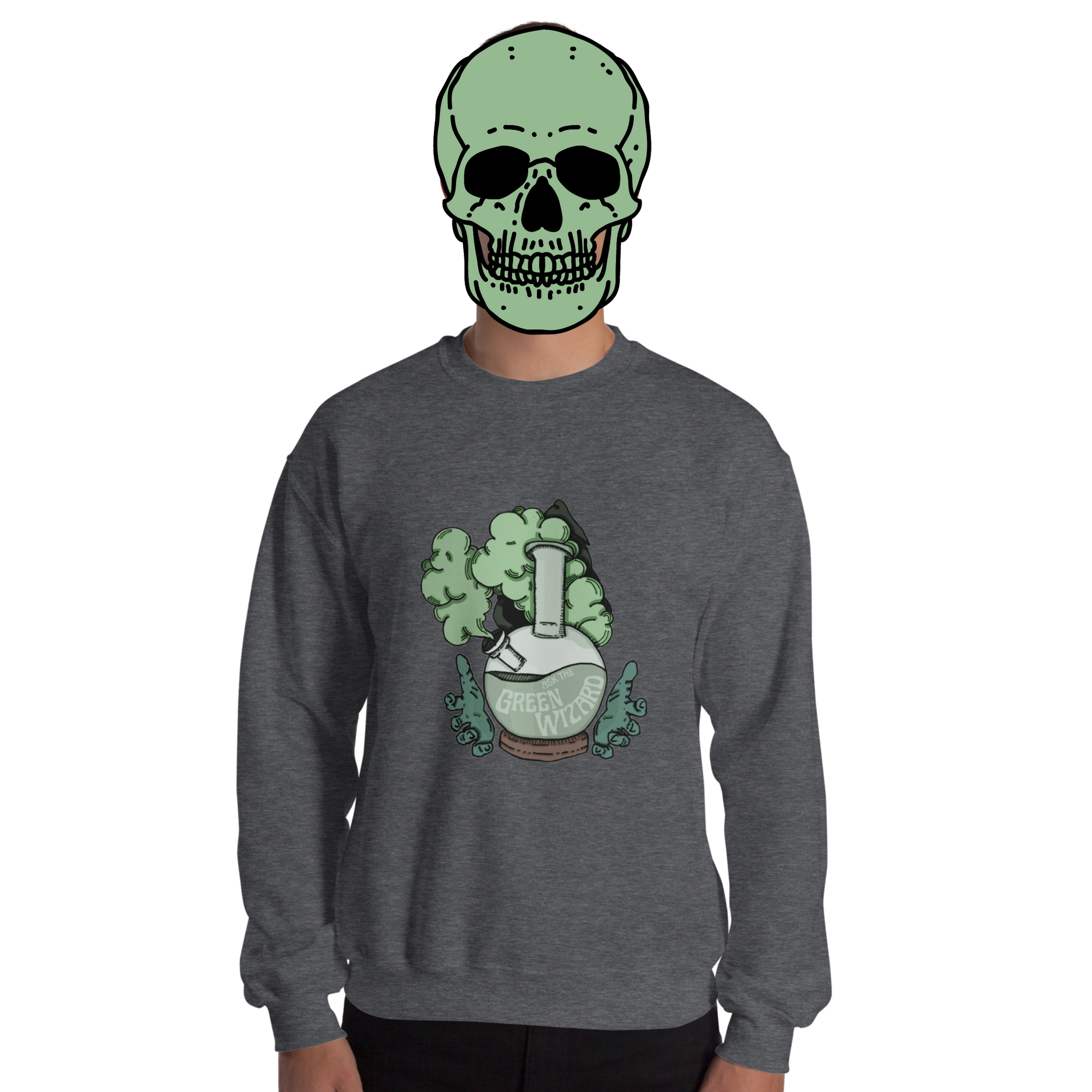 ask the green wizard sweatshirt model in dark grey - gaslit apparel