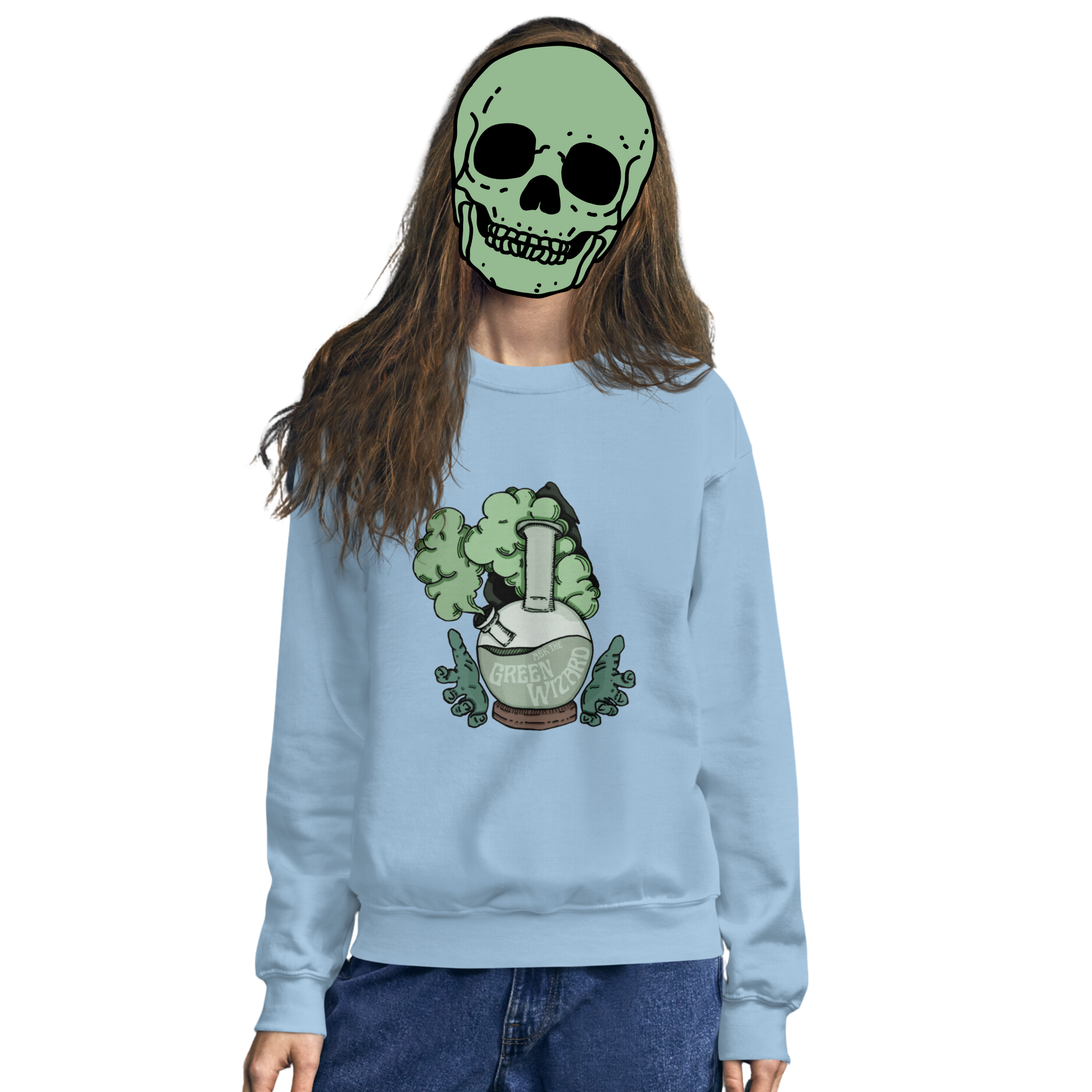 ask the green wizard sweatshirt model in light blue - gaslit apparel