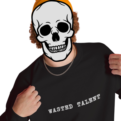 embroidered wasted talent sweatshirt model, embroidery close up - gaslit apparel