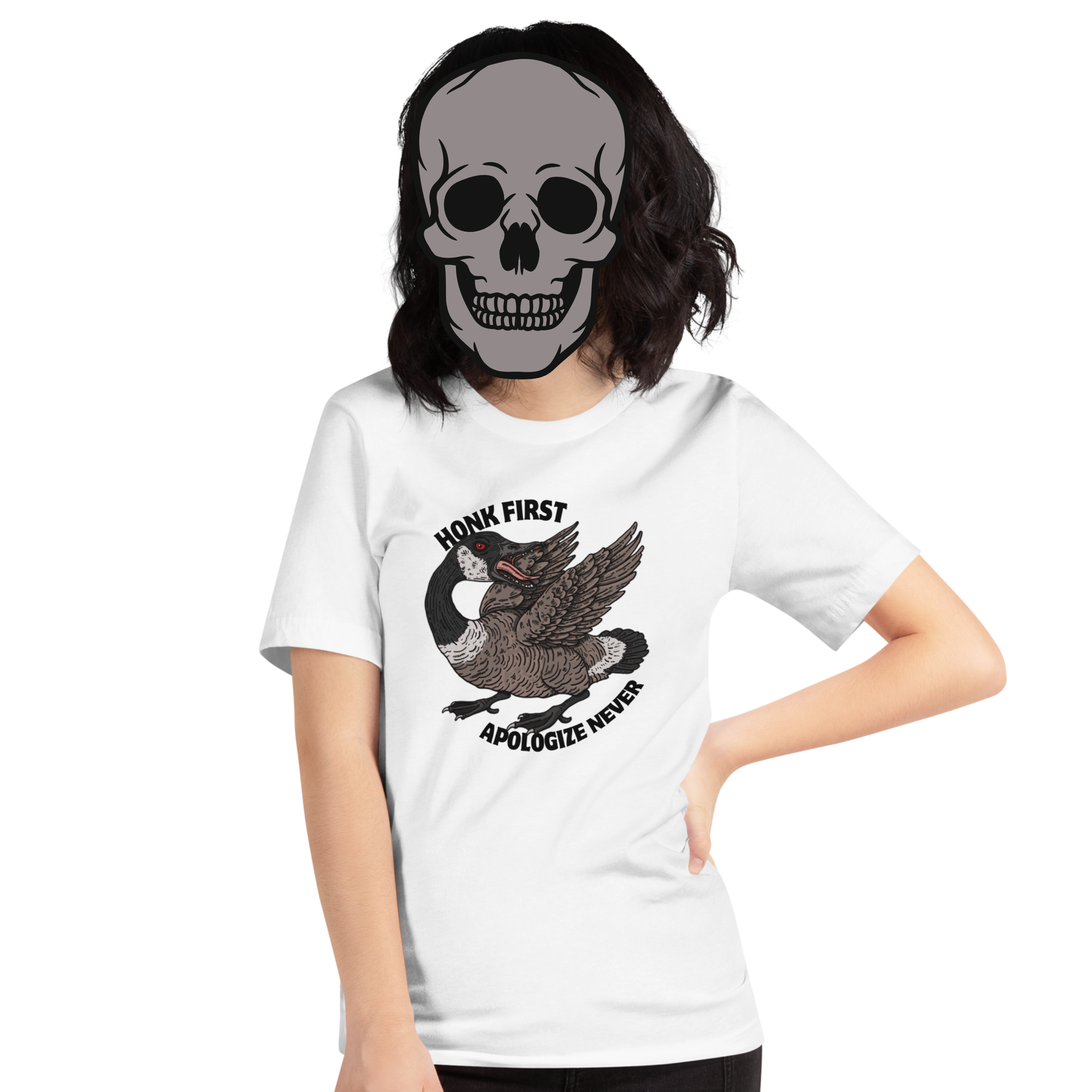 White t-shirt with a fierce Canada goose graphic and ‘Honk First, Apologize Never’ text. Funny, sarcastic Canadian pride tee.