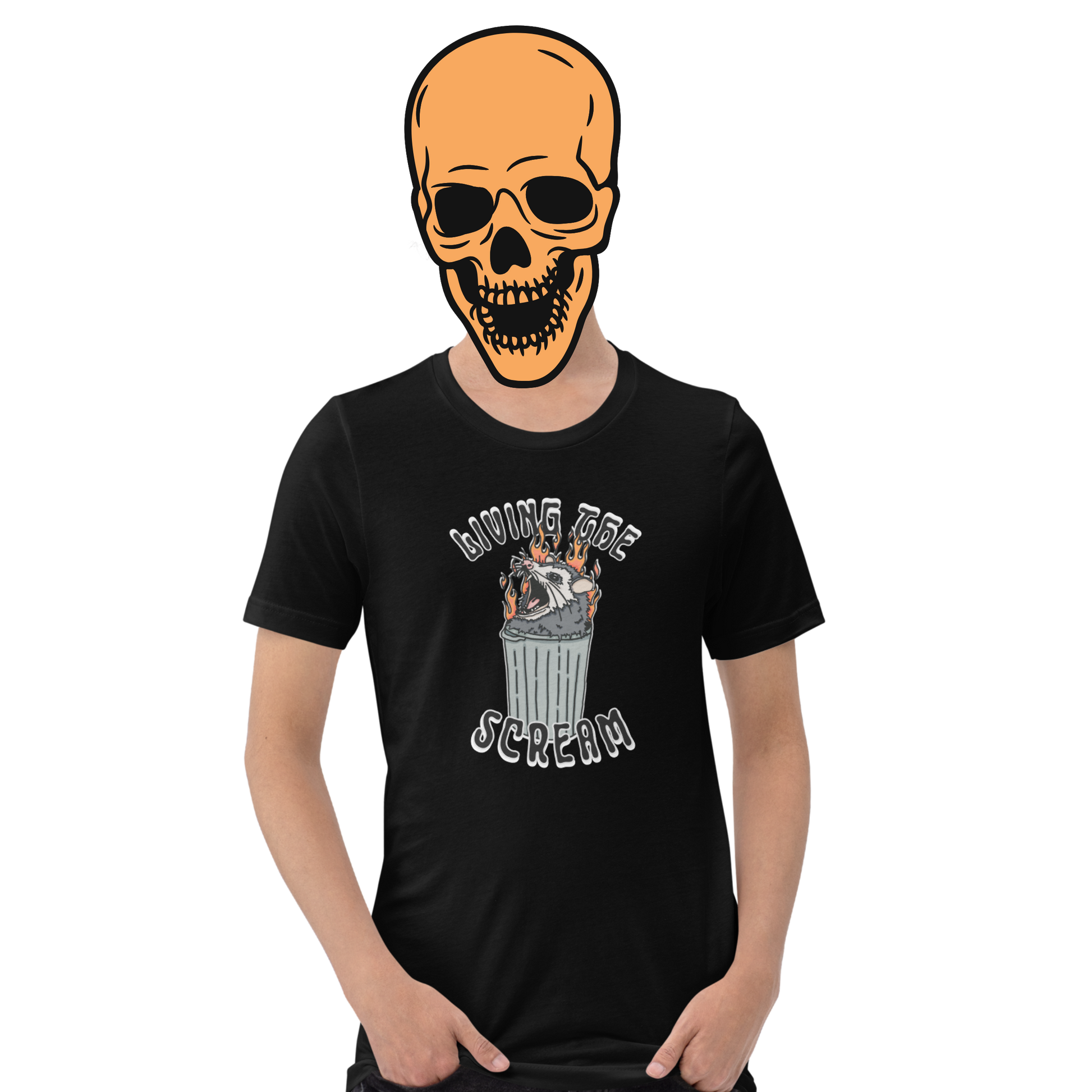 Black t-shirt with a screaming possum in a flaming trash can. ‘Living the Scream’ text above. The perfect chaos-core existential crisis tee.