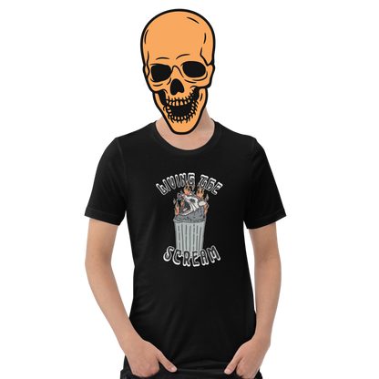 Black t-shirt with a screaming possum in a flaming trash can. ‘Living the Scream’ text above. The perfect chaos-core existential crisis tee.
