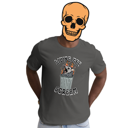 Grey t-shirt with a screaming possum in a flaming trash can. ‘Living the Scream’ text above. The perfect chaos-core existential crisis tee.