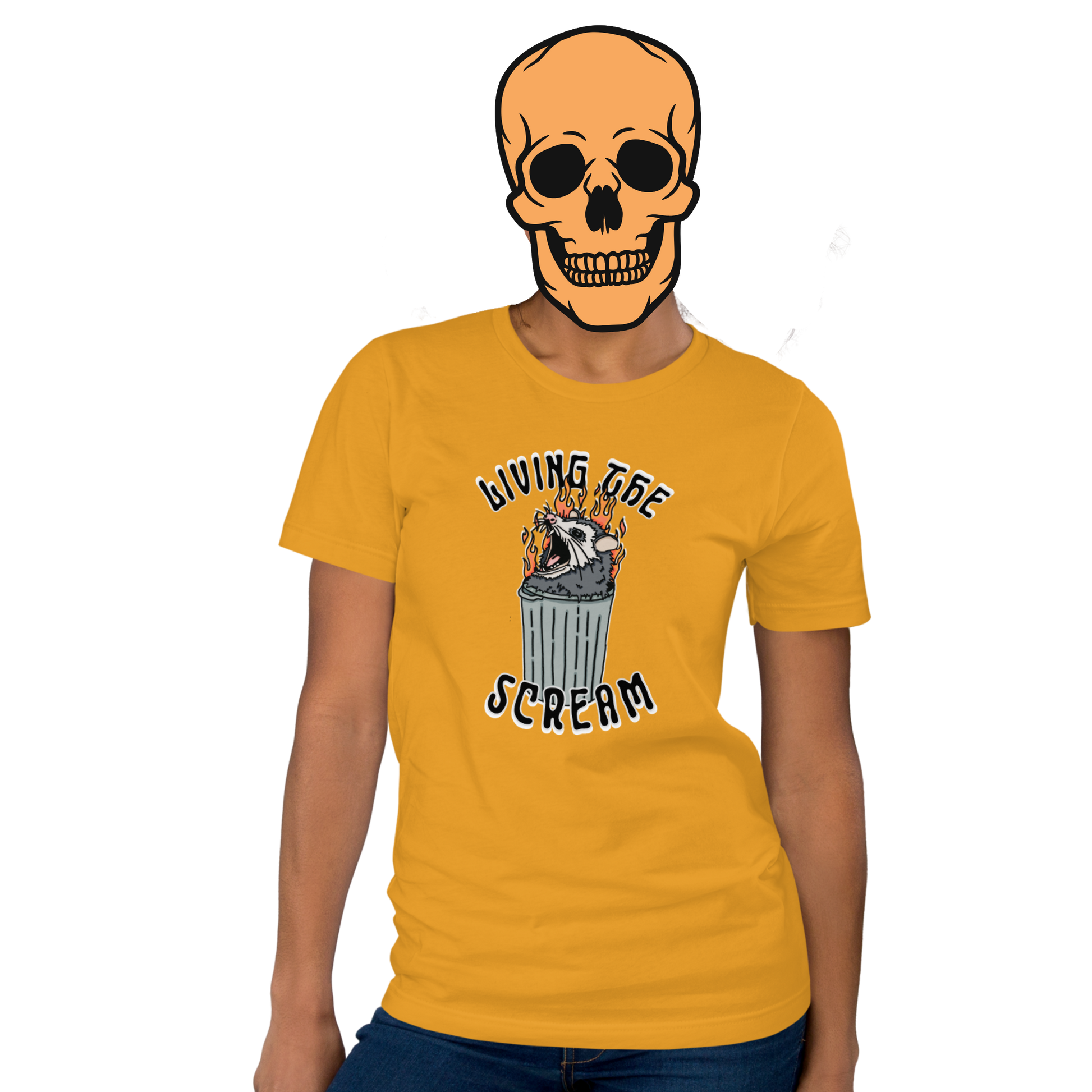 Mustard yellow t-shirt with a screaming possum in a flaming trash can. ‘Living the Scream’ text above. The perfect chaos-core existential crisis tee.