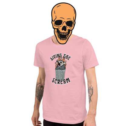 Pink t-shirt with a screaming possum in a flaming trash can. ‘Living the Scream’ text above. The perfect chaos-core existential crisis tee.