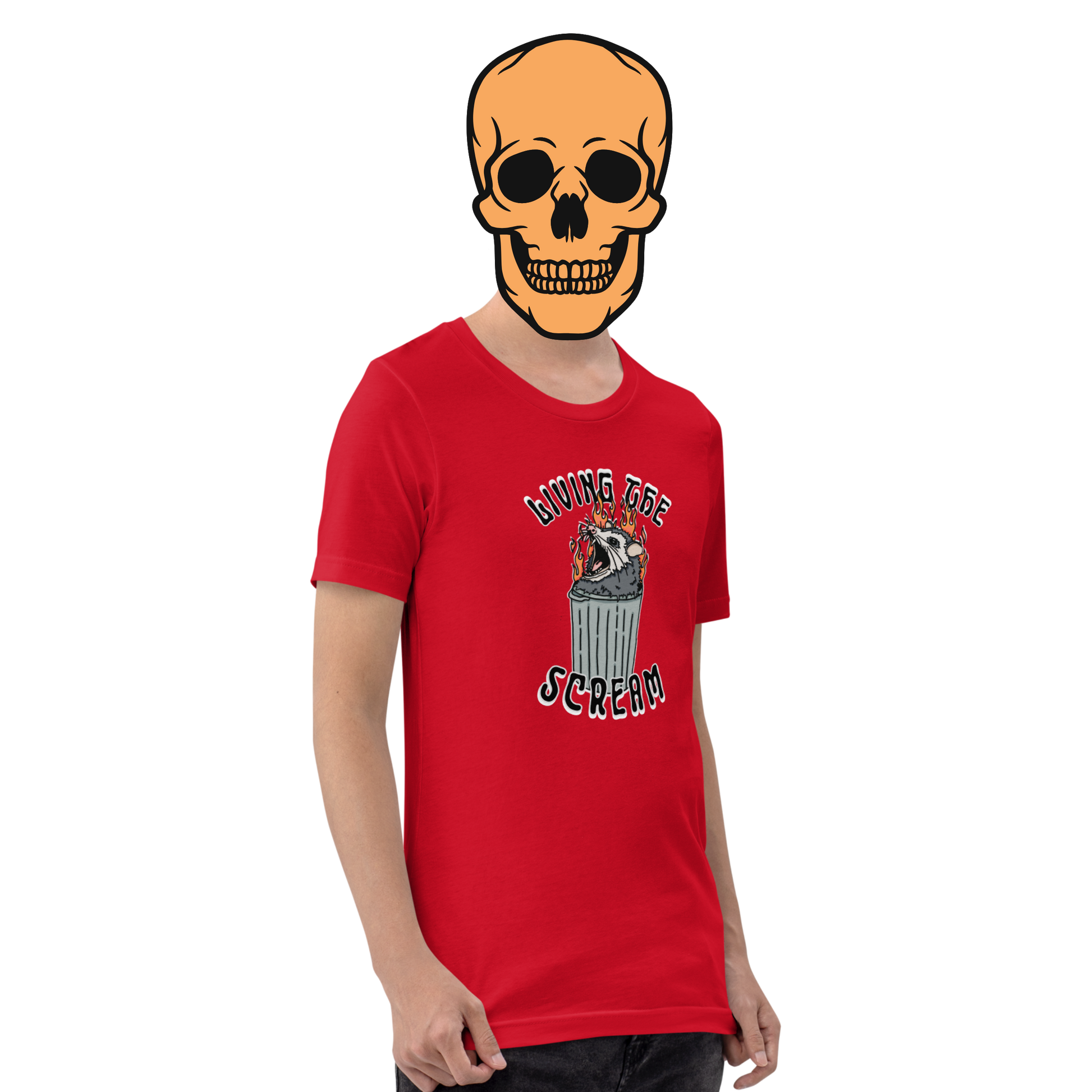 Red t-shirt with a screaming possum in a flaming trash can. ‘Living the Scream’ text above. The perfect chaos-core existential crisis tee.