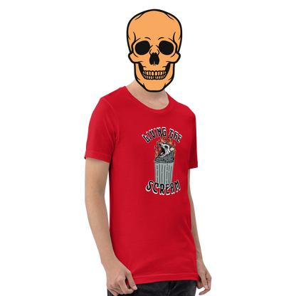 Red t-shirt with a screaming possum in a flaming trash can. ‘Living the Scream’ text above. The perfect chaos-core existential crisis tee.