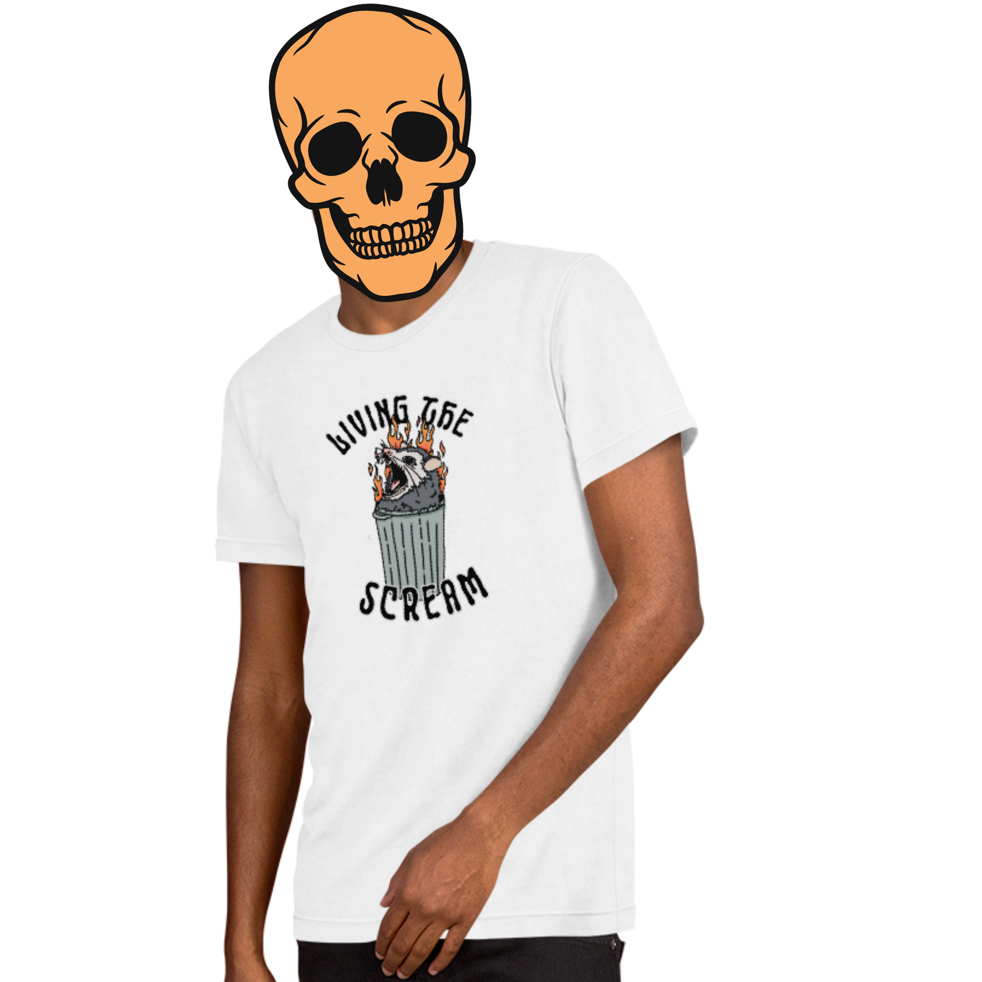 White t-shirt with a screaming possum in a flaming trash can. ‘Living the Scream’ text above. The perfect chaos-core existential crisis tee.
