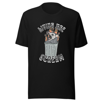 Black t-shirt with a screaming possum in a flaming trash can. ‘Living the Scream’ text above. The perfect chaos-core existential crisis tee.