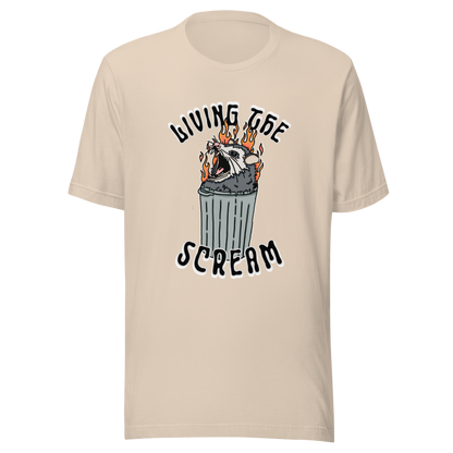 Cream t-shirt with a screaming possum in a flaming trash can. ‘Living the Scream’ text above. The perfect chaos-core existential crisis tee.