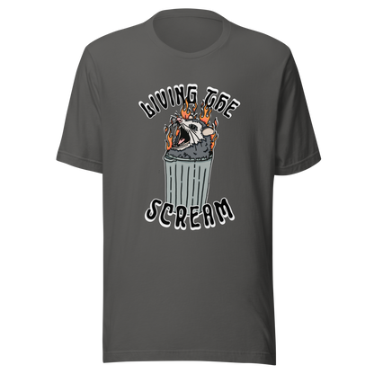 Grey t-shirt with a screaming possum in a flaming trash can. ‘Living the Scream’ text above. The perfect chaos-core existential crisis tee.